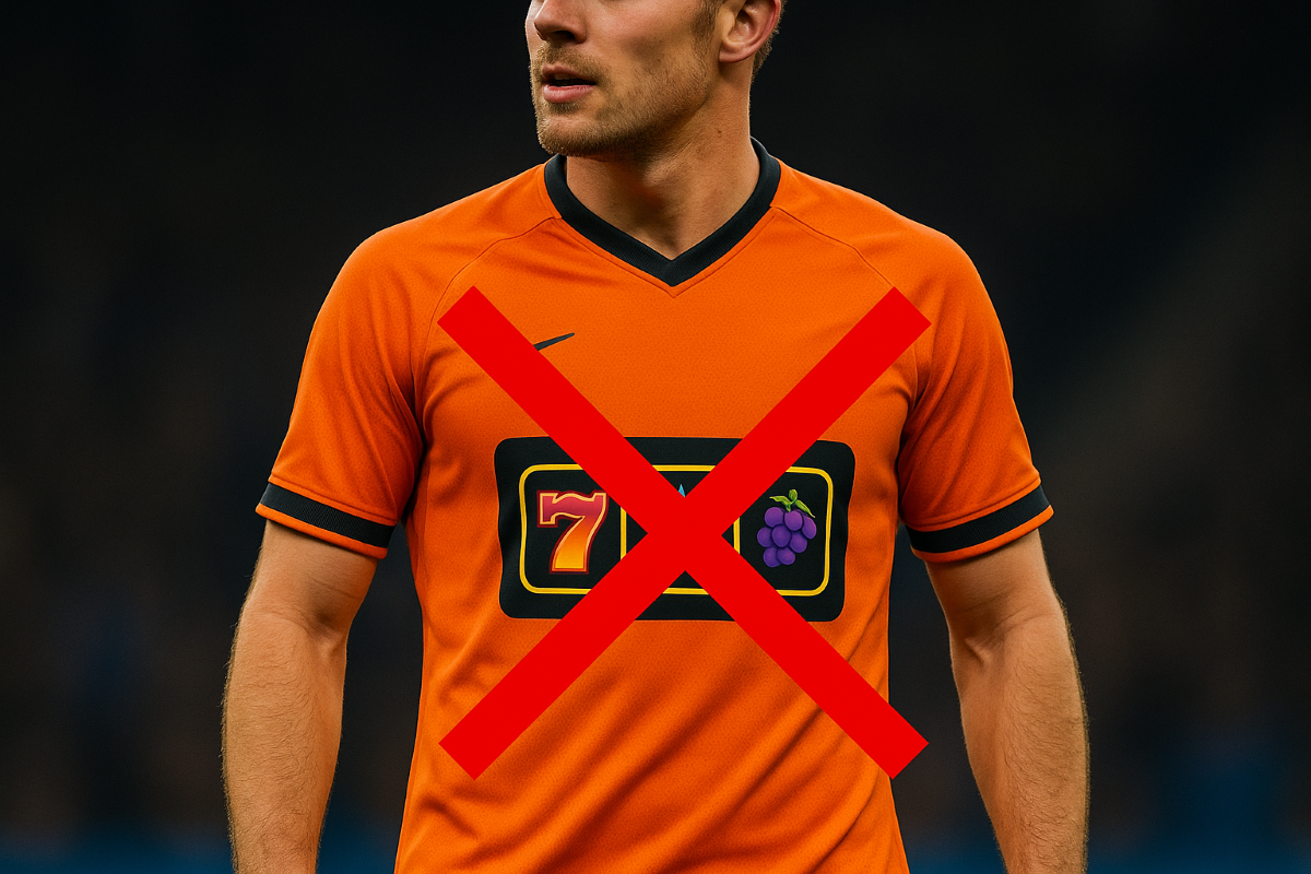 Ein Fußballspieler mit einem Trikot, auf dem Glücksspielwerbung durchgestrichen ist.