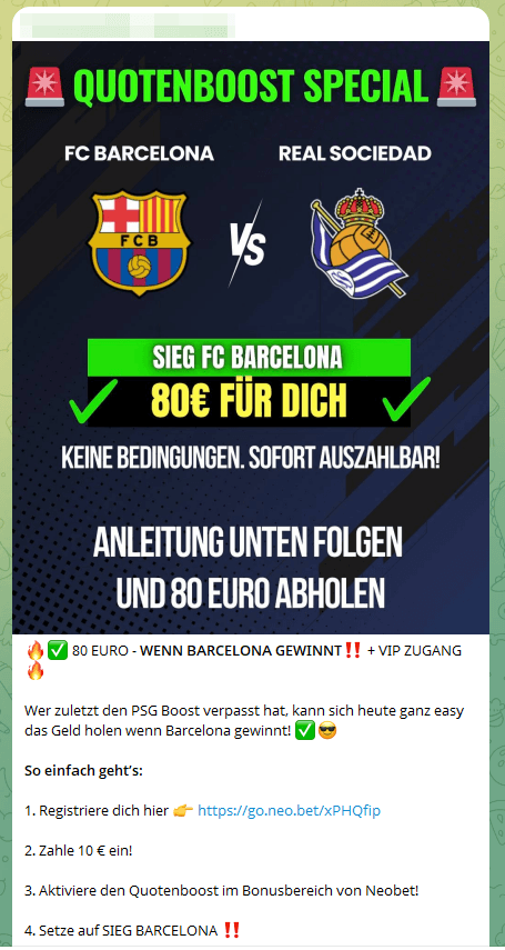 Screenshot aus einer Telegram-Gruppe, in der mit bunten Symbolen und auffälliger Schrift gearbeitet wird.
