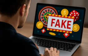Ein Mann sitzt an seinem Laptop. Auf dem Bildschirm ist ein Casino mit der Warnung Fake zu sehen.
