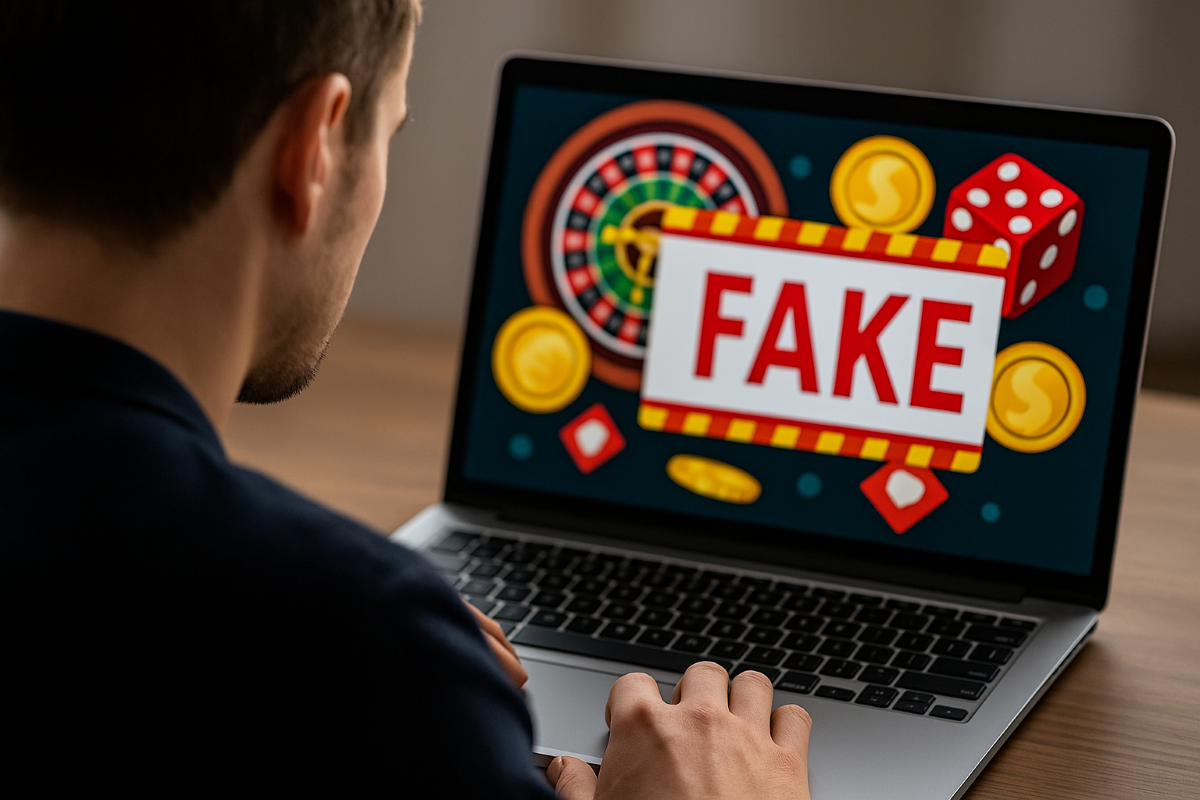 Ein Mann sitzt an seinem Laptop. Auf dem Bildschirm ist ein Casino mit der Warnung Fake zu sehen.