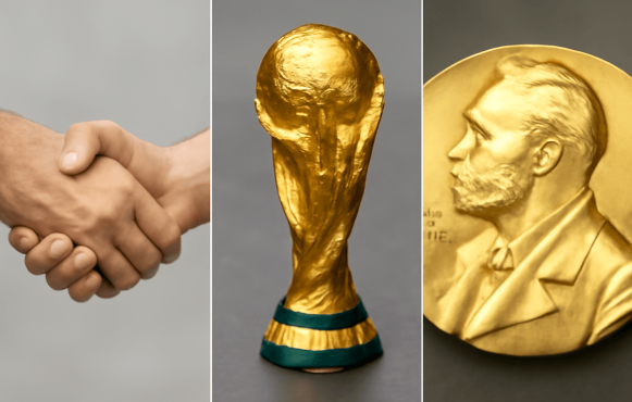 Zwei Personen geben sich die Hand, der WM-Pokal und der Nobelpreis.