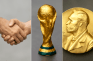 Zwei Personen geben sich die Hand, der WM-Pokal und der Nobelpreis.