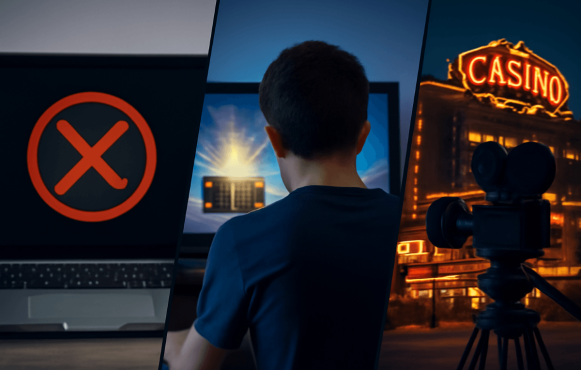 Auf einem Laptop wird eine Netzwerksperre angezeigt, ein Junge öffnet eine Lootbox und vor einem Casino wird gefilmt.