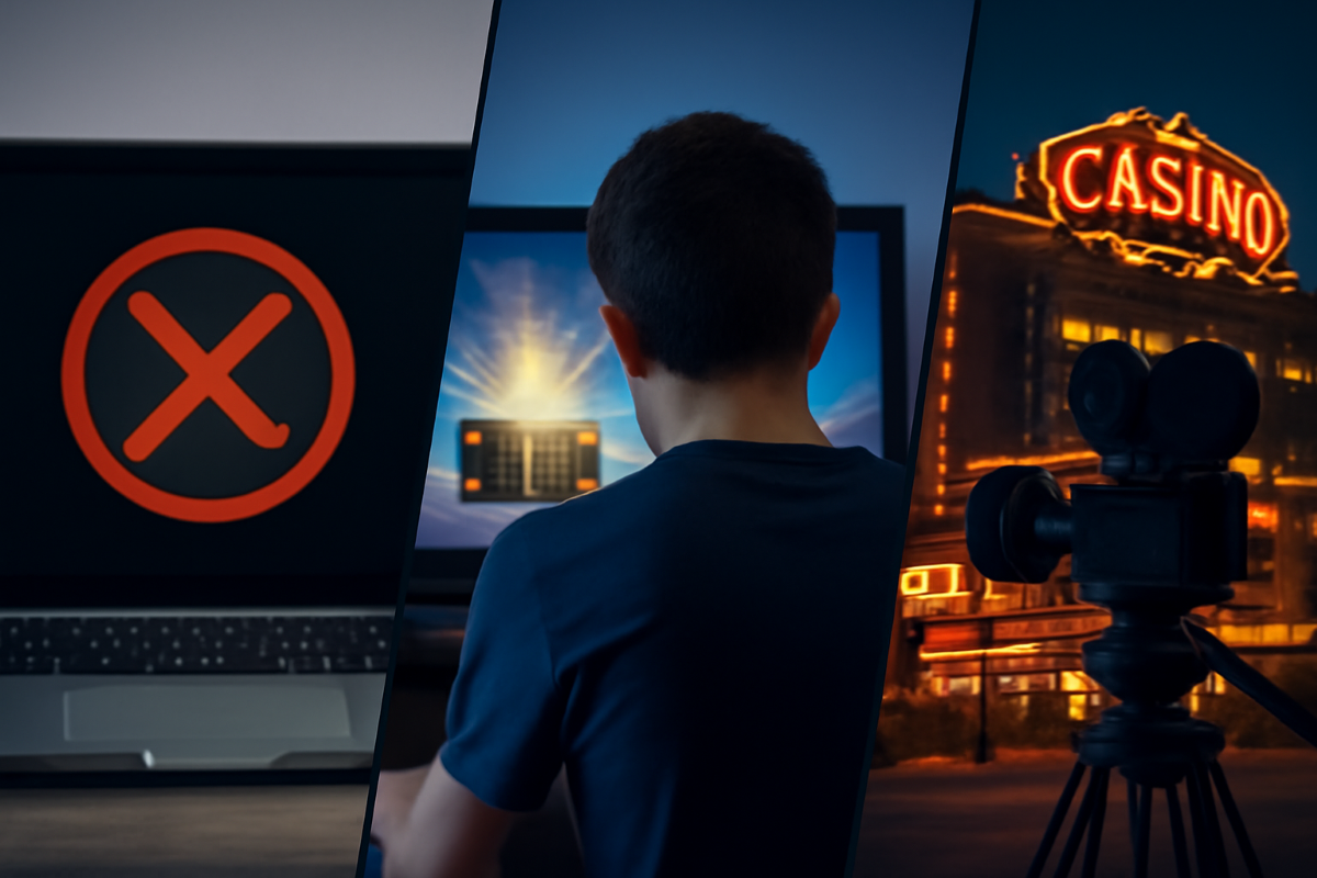Auf einem Laptop wird eine Netzwerksperre angezeigt, ein Junge öffnet eine Lootbox und vor einem Casino wird gefilmt.
