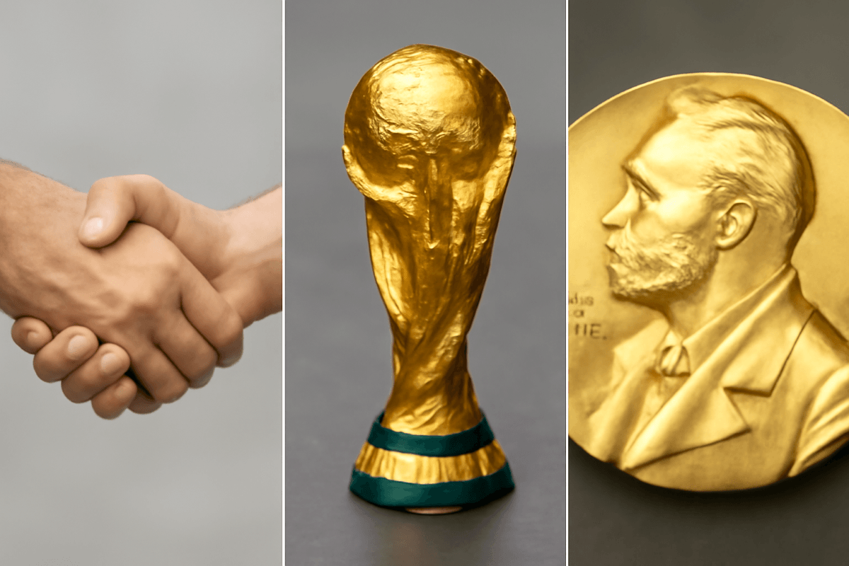 Zwei Personen geben sich die Hand, der WM-Pokal und der Nobelpreis.