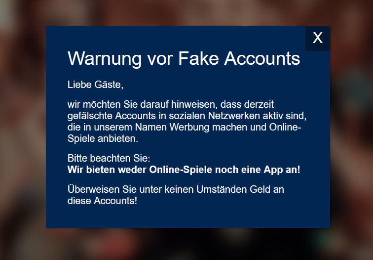 Warnung vor Casino Fake Casino Werbung auf der Website der Merkur Spielbanken Niedersachsen.