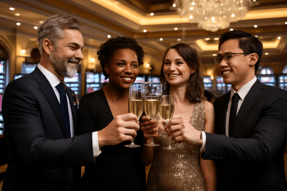 Eine Besuchergruppe in einem Casino, die bei heller Beleuchtung mit Gläsern anstößt.