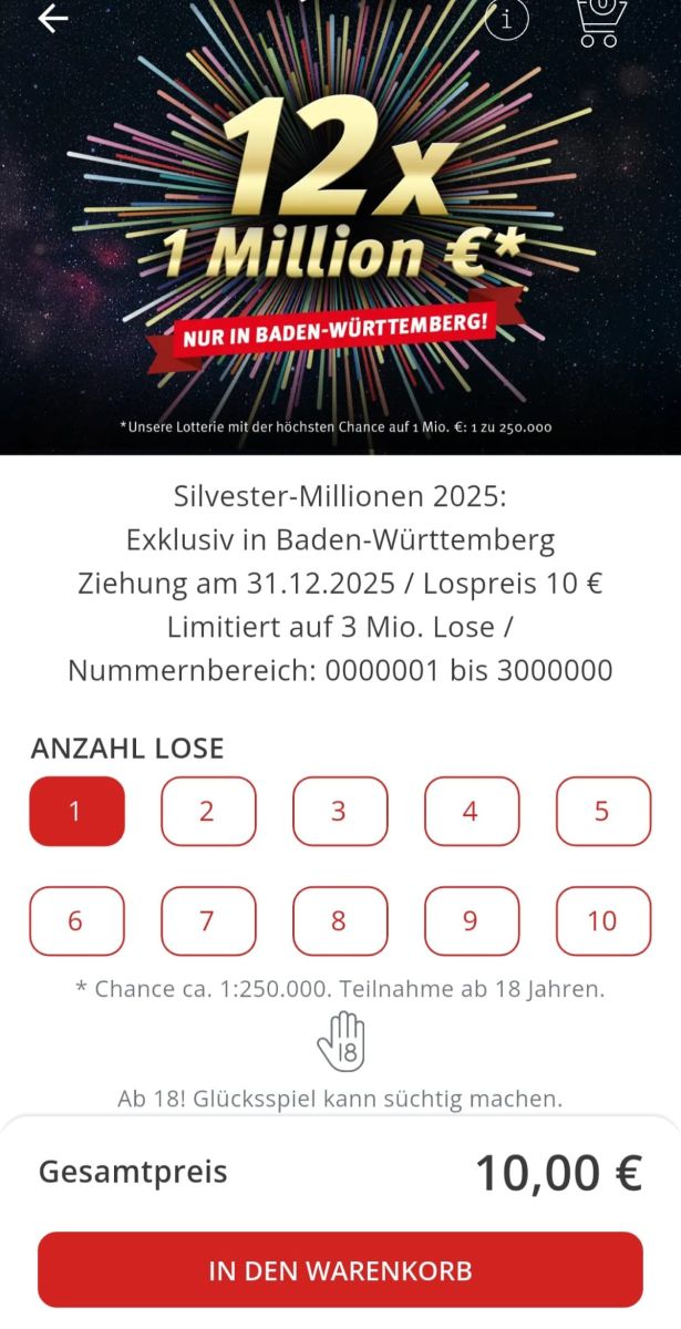 Aufnahme aus der Lotto Baden-Württemberg App mit dem Kauf der Silvester-Millionen.