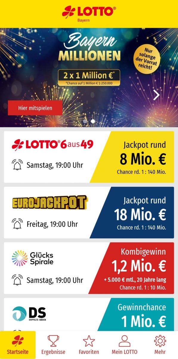 Aufnahme aus der Lotto Bayern App mit der Maske für die Bayern Millionen.