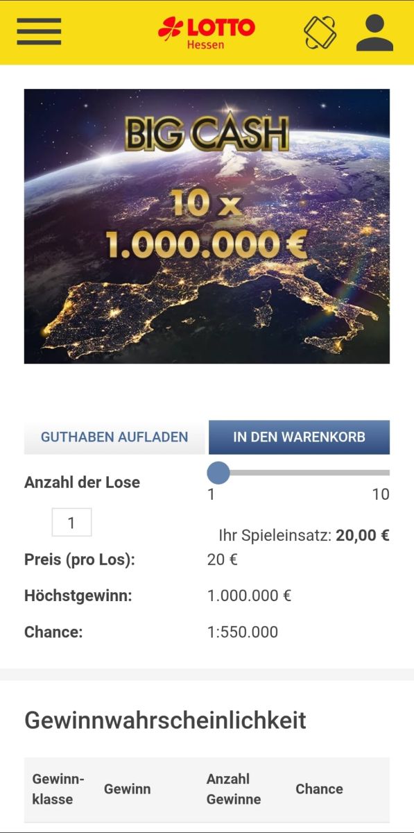 Aufnahme aus der Lotto Hessen App mit dem neuen Rubbellos Big Cash.