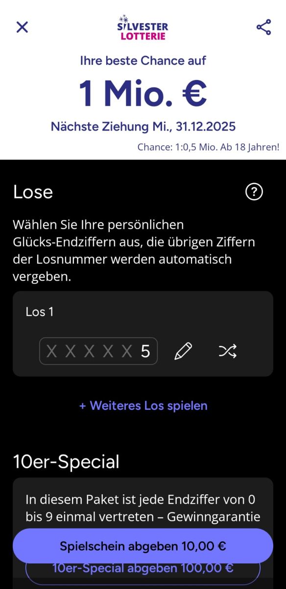 Aufnahme aus der Lotto Niedersachsen App mit den Losen für die Silvester Lotterie.