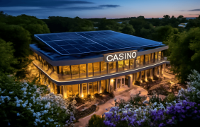 Ein Casino im Grünen mit einer Solaranlage auf dem Dach.