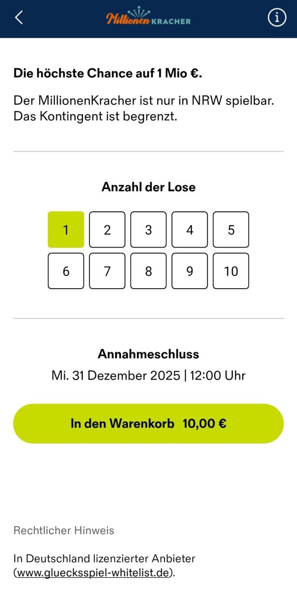 Aufnahme aus der WestLotto App mit den Losen für den MillionenKracher.