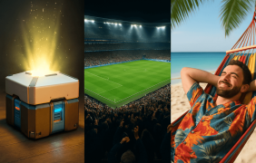 Eine Lootbox, ein volles Fußballstadion und ein Mann am Strand in einer Hängematte.