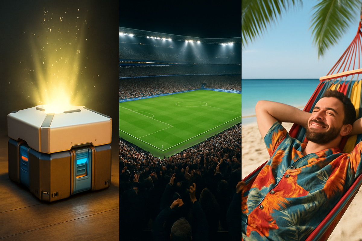 Eine Lootbox, ein volles Fußballstadion und ein Mann am Strand in einer Hängematte.