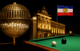 Die Trommel der spanischen Lotterie El Gordo, eine Spielbank mit der Flagge Schleswig-Holsteins und ein Snookertisch.