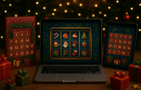 Adventskalender und ein Slot Spiel auf einem Laptop.