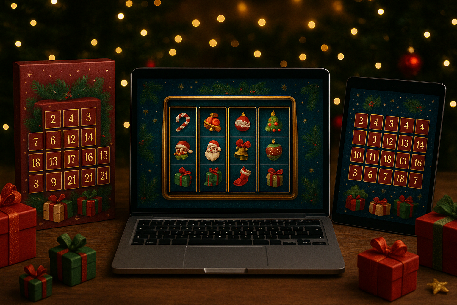 Adventskalender und ein Slot Spiel auf einem Laptop.