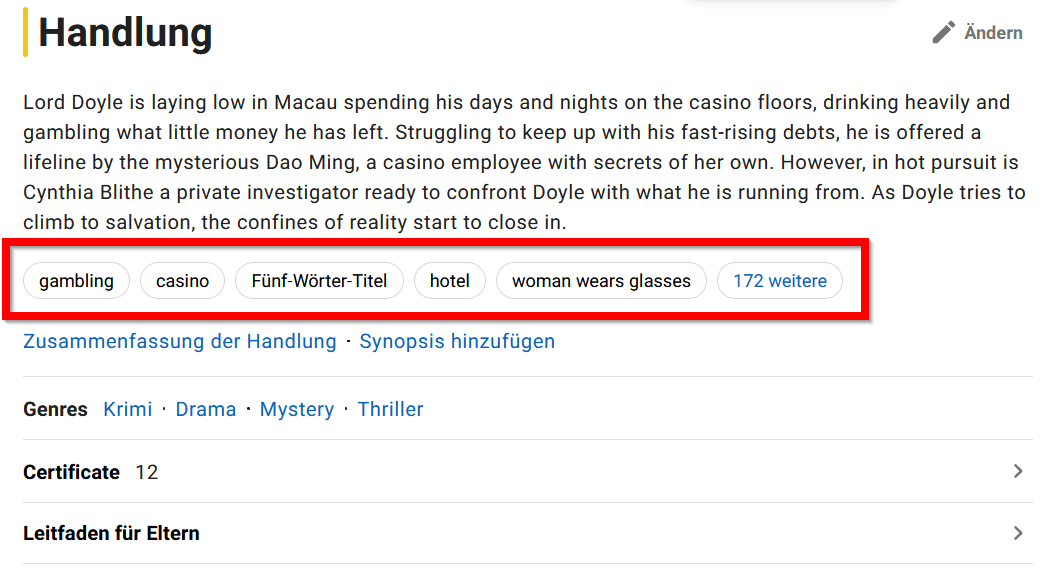 IMDB-Eintrag von Ballad of a Small Player mit den Schlagwörtern zum Film.