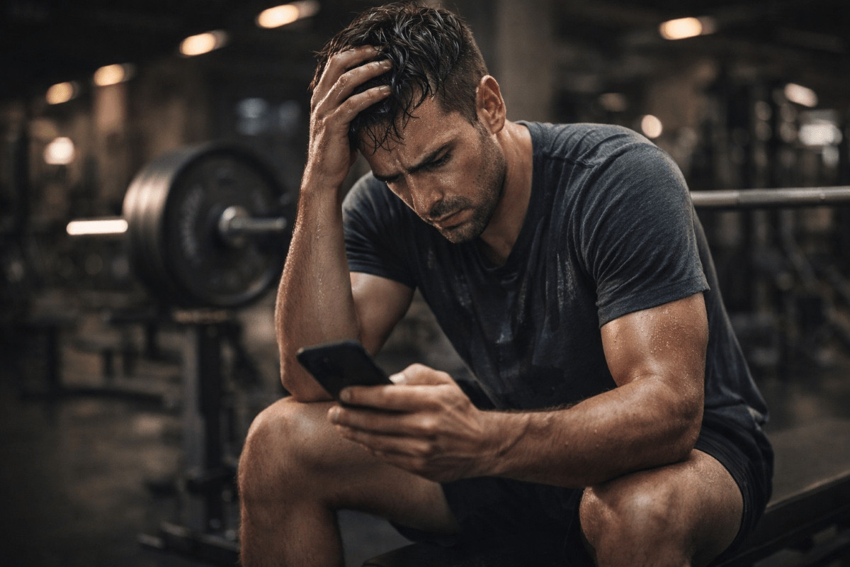 Ein Mann schaut während des Trainings verzweifelt auf sein Handy.