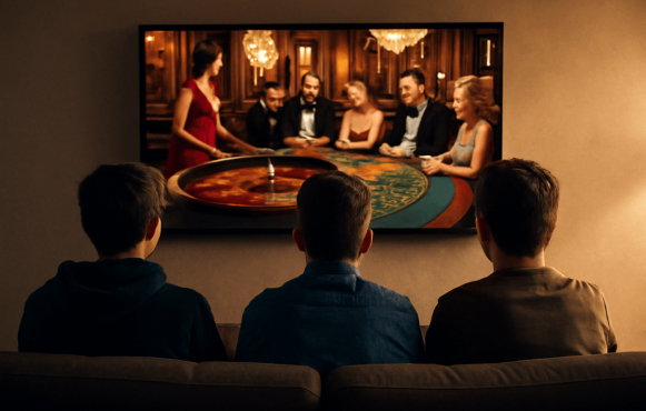 Drei Teenager, die im Fernsehen gespannt einen Glücksspielfilm schauen.