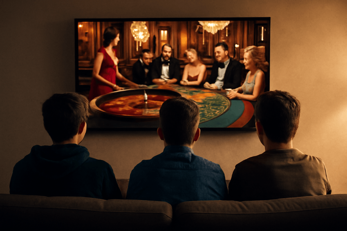 Drei Teenager, die im Fernsehen gespannt einen Glücksspielfilm schauen.