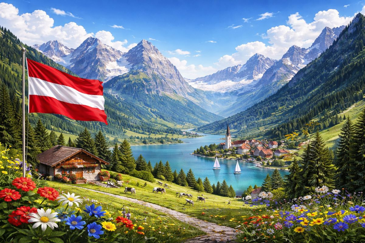 Panoramablick auf eine idyllische österreichische Alpenlandschaft mit einem klaren Bergsee, einem traditionellen Dorf mit Kirche, segelnden Booten, blühenden Wiesen und einer österreichischen Fahne im Vordergrund.