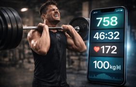 Ein Mann geht beim Hanteltraining an sein Limit und trackt seinen Erfolg auf seinem Handy.