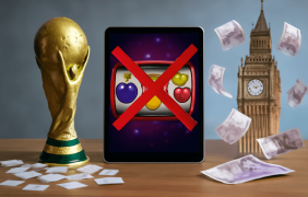 Der Pokal der Fußball-Weltmeisterschaft, ein durchgestrichenes Slot-Spiel und der Big Ben mit Geldscheinen in der Luft.