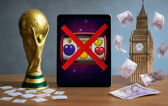 Der Pokal der Fußball-Weltmeisterschaft, ein durchgestrichenes Slot-Spiel und der Big Ben mit Geldscheinen in der Luft.