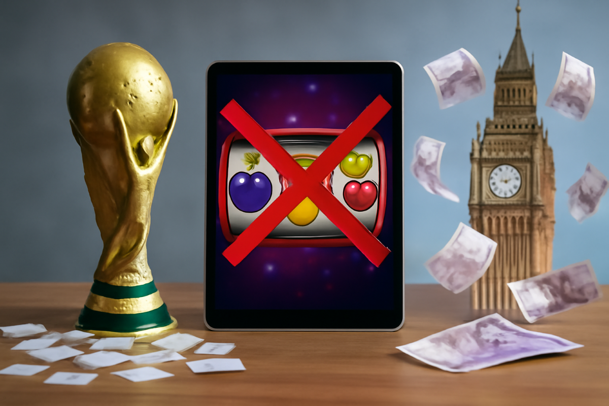 Der Pokal der Fußball-Weltmeisterschaft, ein durchgestrichenes Slot-Spiel und der Big Ben mit Geldscheinen in der Luft.