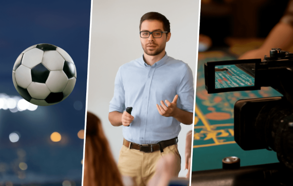 Ein Fußball fliegt durch ein Stadion, ein Lehrer spricht zu seinen Schülern und in einem Casino wird betrogen.