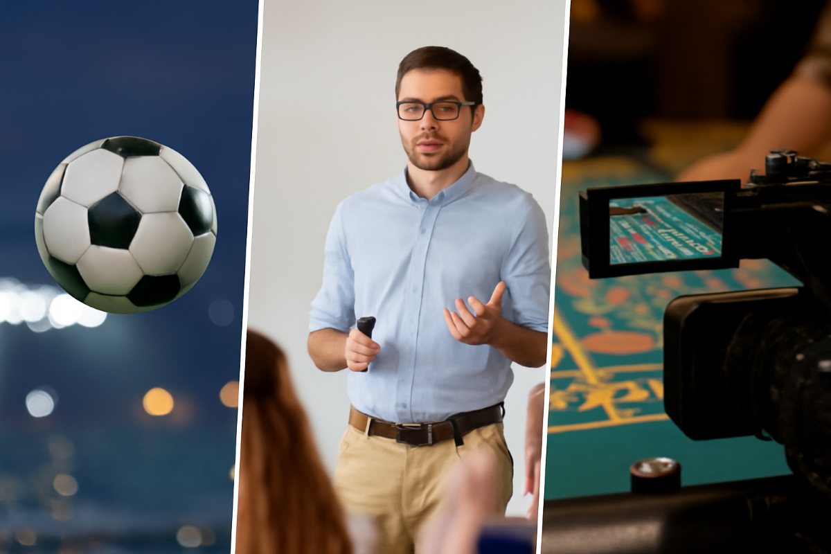 Ein Fußball fliegt durch ein Stadion, ein Lehrer spricht zu seinen Schülern und in einem Casino wird betrogen.