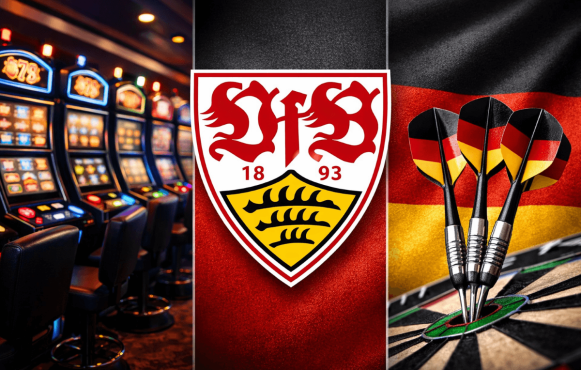 Eine Spielhalle, das Logo des VfB Stuttgart und eine Dartscheibe mit drei Pfeilen darin.