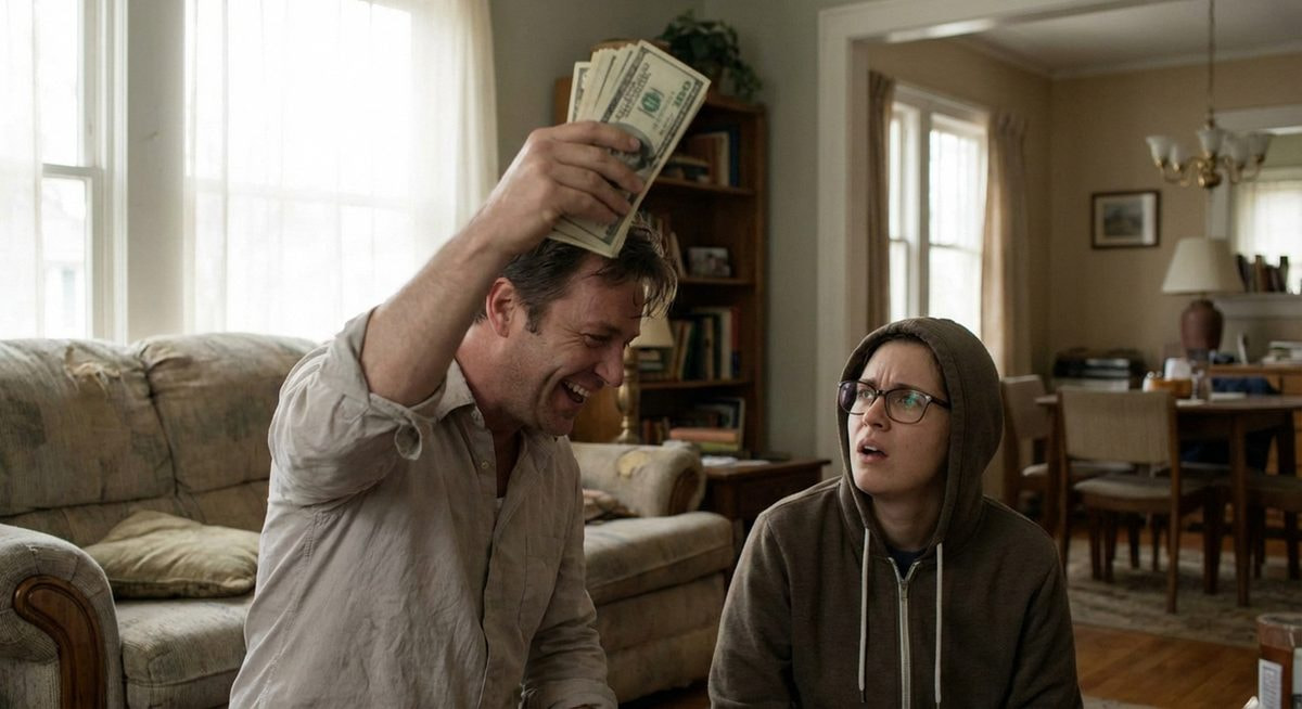 Ein Mann hält jubelnd ein Bündel Geldscheine in die Höhe, während eine weitere Person neben ihm überrascht und fragend auf ihn blickt.