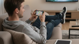 Ein junger Mann spielt einen Slot auf seinem Smartphone.