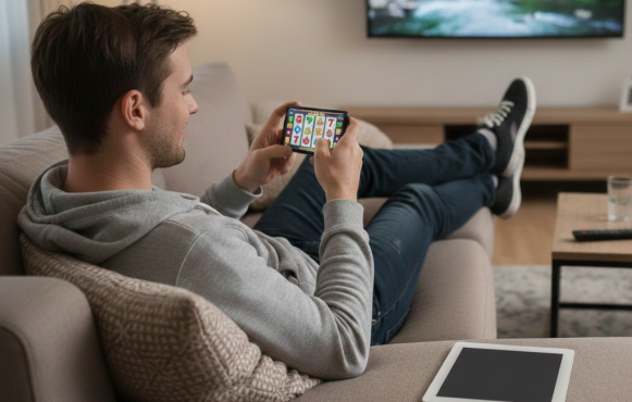 Ein junger Mann spielt einen Slot auf seinem Smartphone.