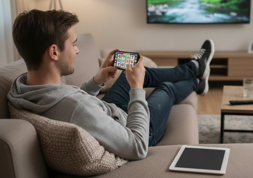 Ein junger Mann spielt einen Slot auf seinem Smartphone.