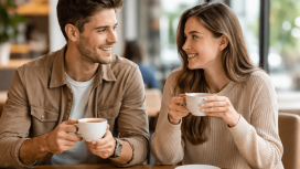 Ein Mann und eine Frau, die zusammen Kaffee trinken