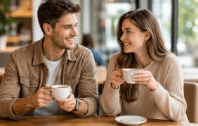 Ein Mann und eine Frau, die zusammen Kaffee trinken