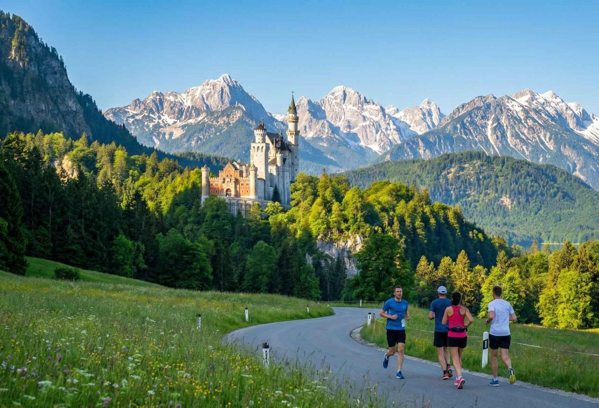 Marathonläufer beim Königsschlösser Marathon in Füssen mit Schloss Neuschwanstein und Alpenpanorama im Hintergrund