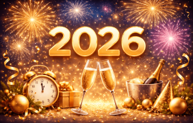 Die Zahl 2026 im Vordergrund mit zwei Sektflöten, einer Sektflasche und Feuerwerk im Hintergrund.
