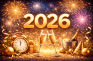 Die Zahl 2026 im Vordergrund mit zwei Sektflöten, einer Sektflasche und Feuerwerk im Hintergrund.