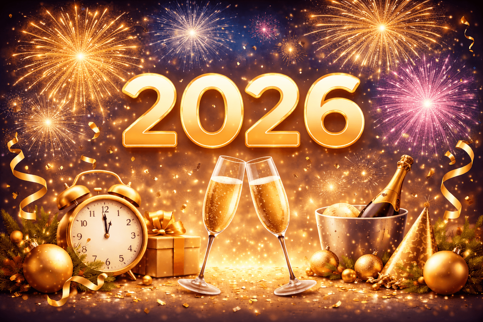 Die Zahl 2026 im Vordergrund mit zwei Sektflöten, einer Sektflasche und Feuerwerk im Hintergrund.