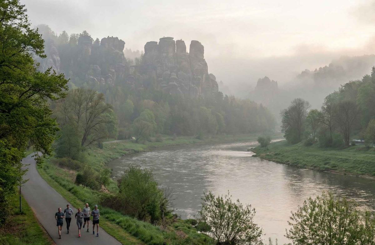Läufer auf dem Elberadweg beim Oberelbe-Marathon mit Blick auf die Felsen der Sächsischen Schweiz