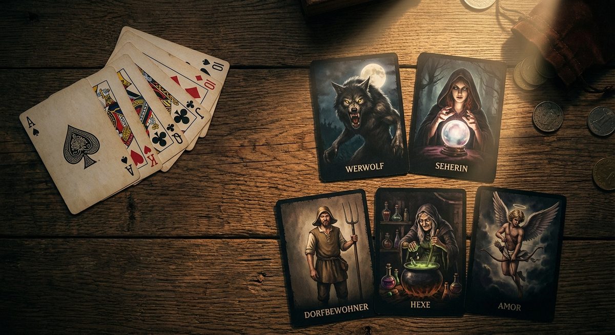 Eine visuelle Gegenüberstellung von Pokerkarten und Werwölfe-Spielkarten, die die strategische Verbindung beider Spiele symbolisiert. 