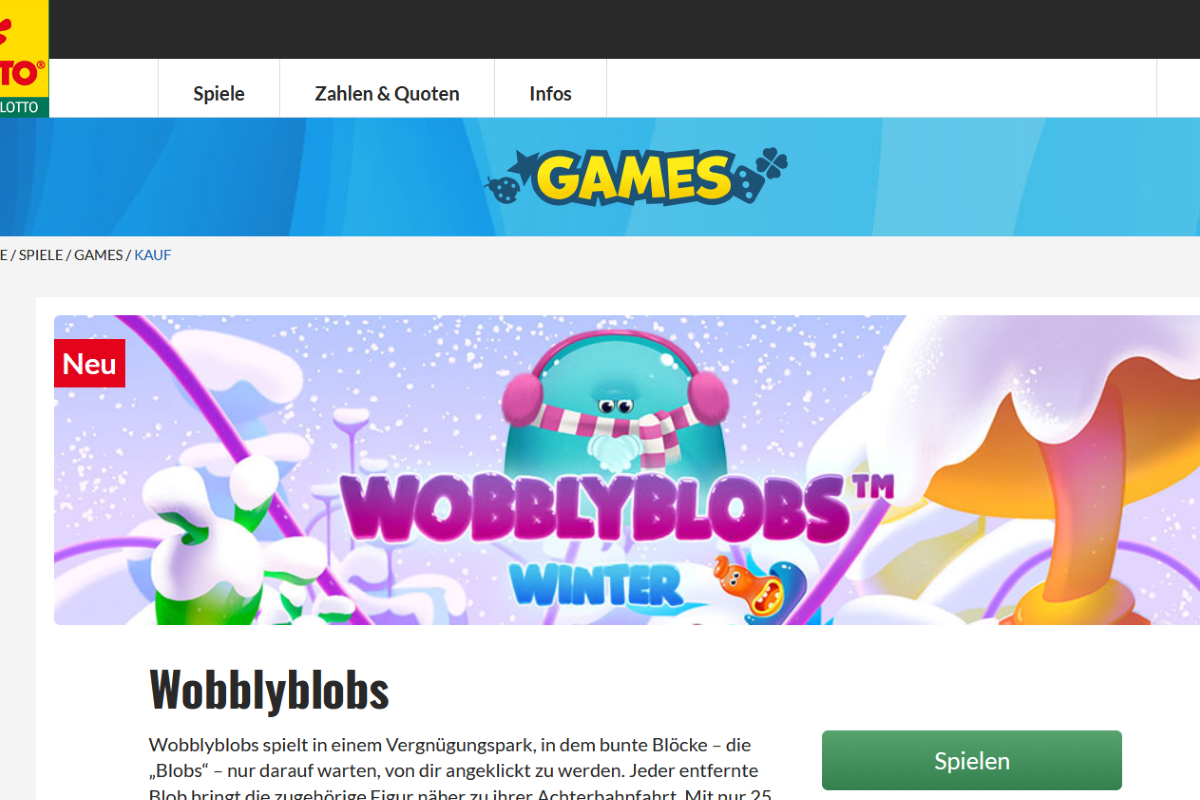 Aufnahme des Spiels Wobblyblobs auf der Website von Sachsenlotto.