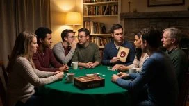 Eine Gruppe von Menschen sitzt im Kreis und spielt das Gesellschaftsspiel Werwölfe, was an eine Pokerrunde erinnert.