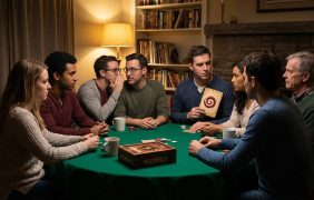 Eine Gruppe von Menschen sitzt im Kreis und spielt das Gesellschaftsspiel Werwölfe, was an eine Pokerrunde erinnert.