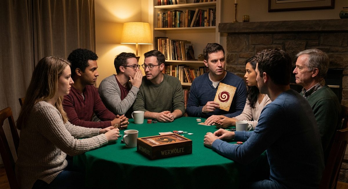 Eine Gruppe von Menschen sitzt im Kreis und spielt das Gesellschaftsspiel Werwölfe, was an eine Pokerrunde erinnert.